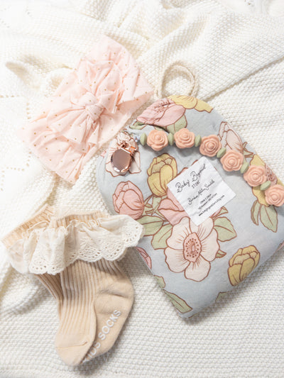 Baby Swaddle gift set with headband, soft teether and cute lace socks